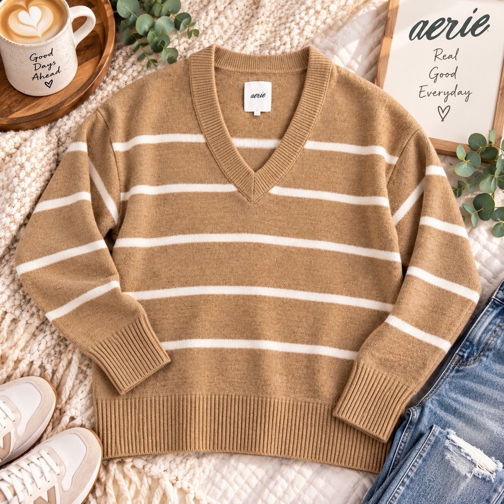 Aerie Women's M Oversized V-Neck Sweater Camel Brown Cream Striped Cozy Knit